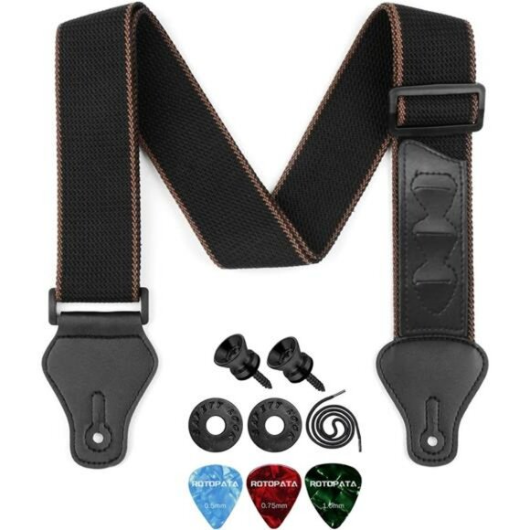 Guitar Strap Black Cotton Adjustable PU Leather Ends Picks Locks Buttons Set - Picture 1 of 7